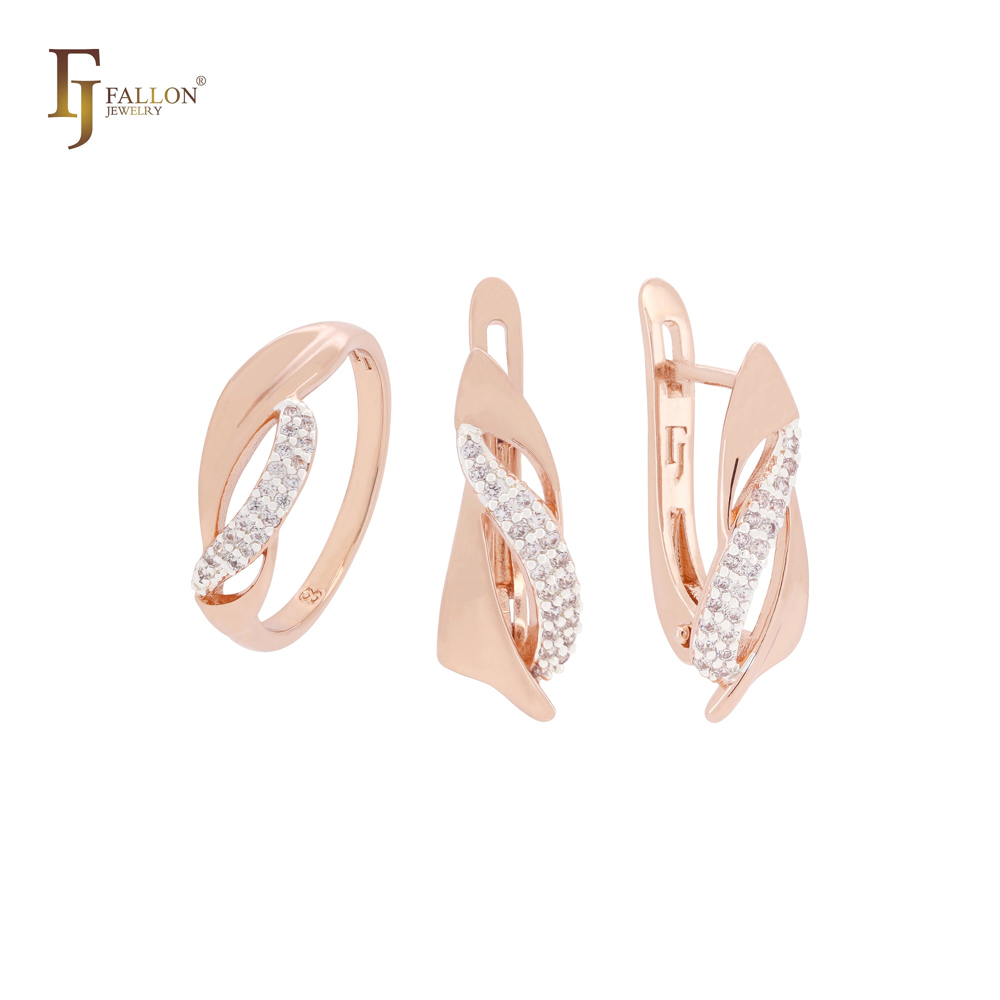 Ribbons interlocking white CZs Rose Gold two tone Jewelry Set with Rings