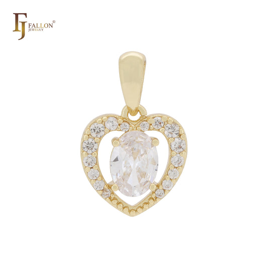 Halo Heart shape oval white CZs 14K Gold Pendant