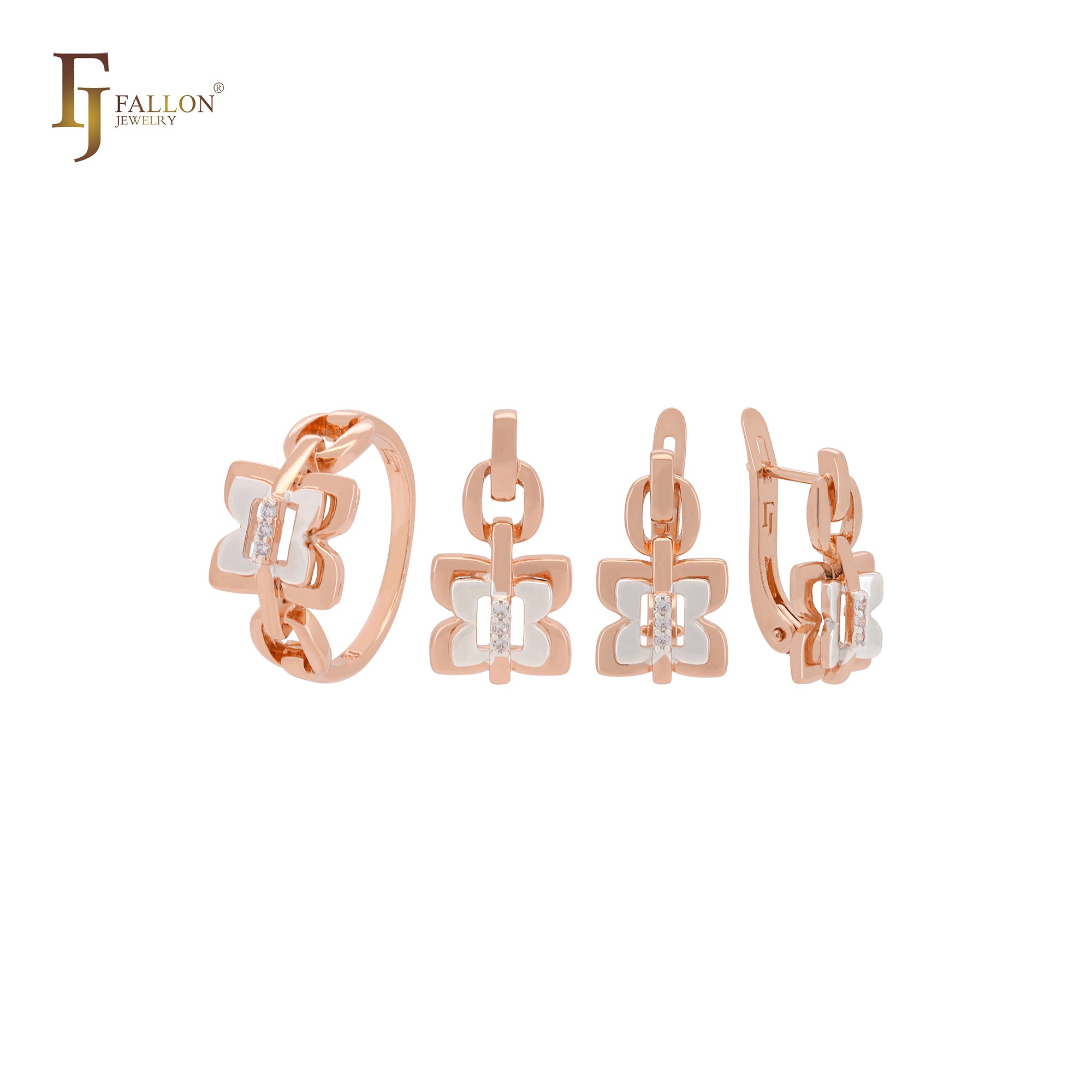 Double butterfly lock with white CZs link Rose Gold two tone Jewelry Set with Rings