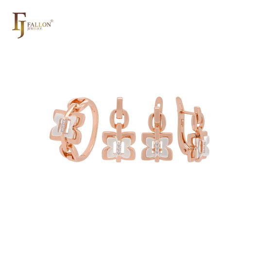 Double butterfly lock with white CZs link Rose Gold two tone Jewelry Set with Rings