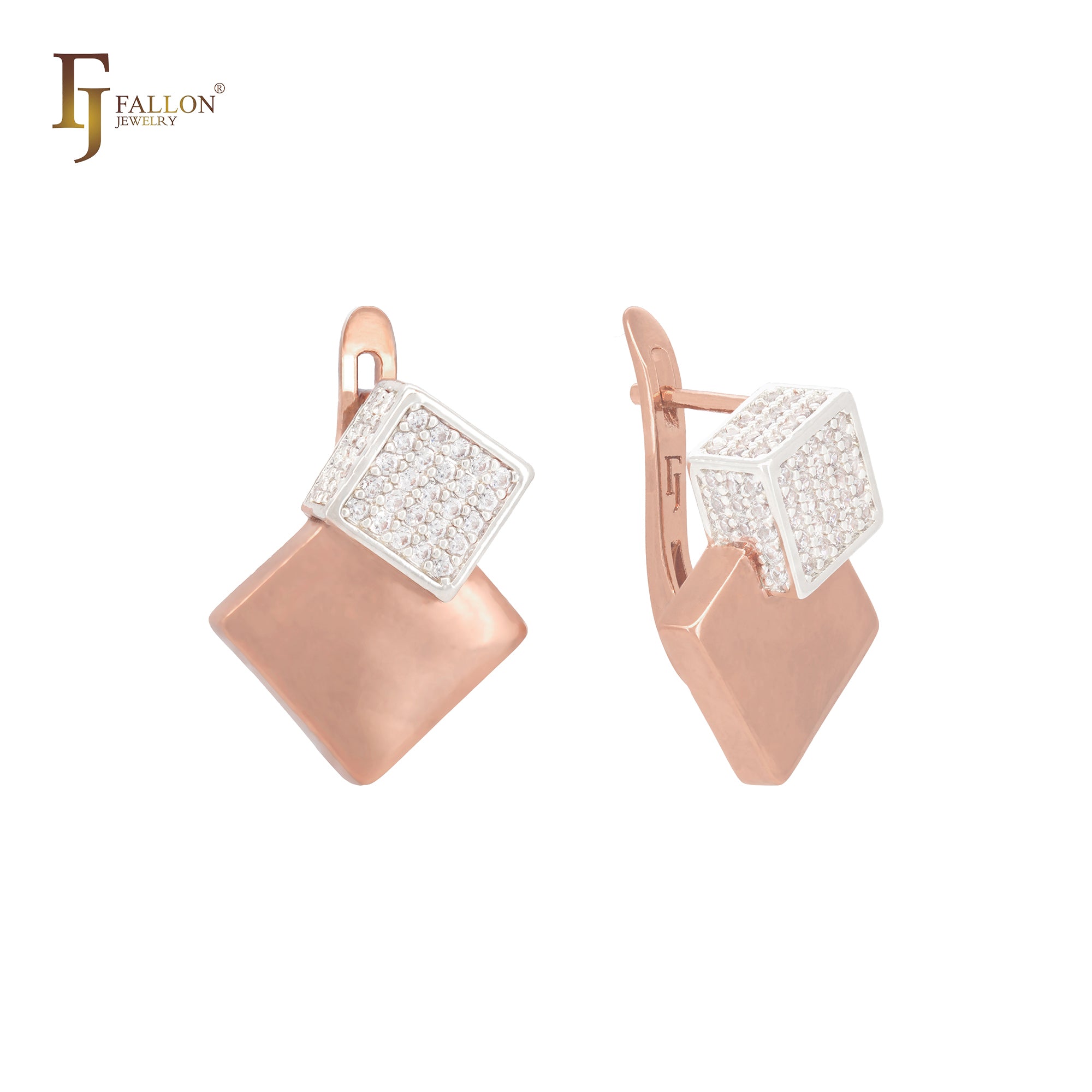 Glittering white CZs cube embedded in cube Rose Gold Clip-On Earrings