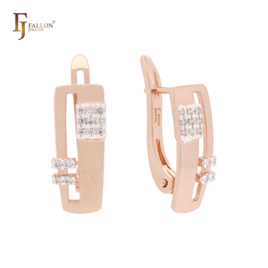 Squared with white CZs geometric Rose Gold two tone Clip-On Earrings