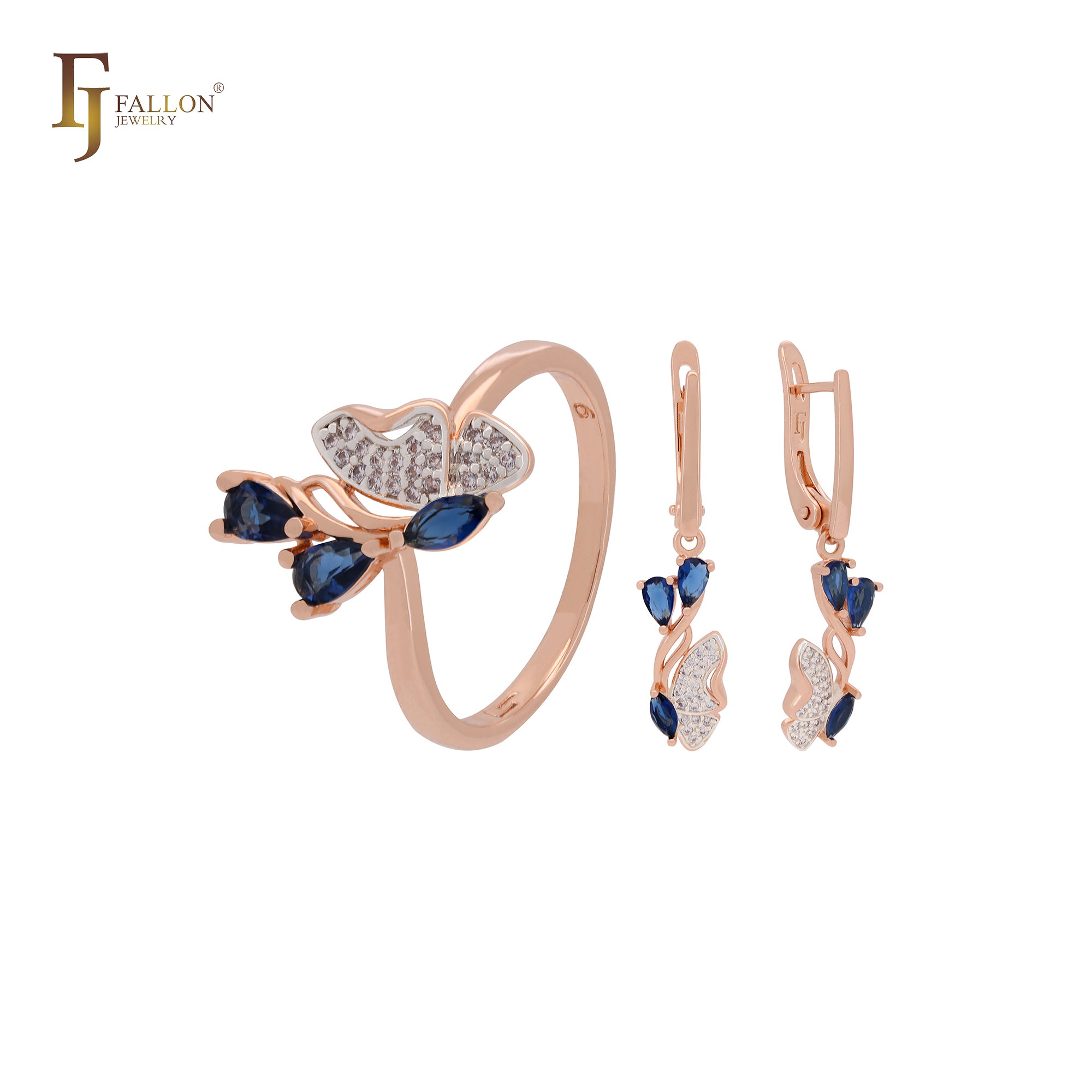 Cluster white CZs butterfly with deep blue czs Rose Gold two tone Jewelry Set with Rings