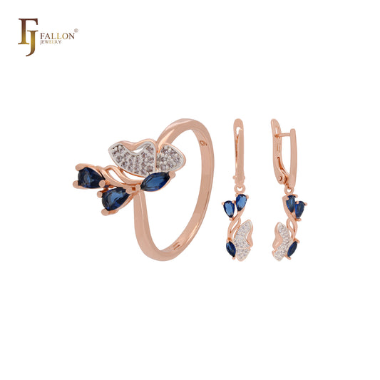 Cluster white CZs butterfly with deep blue czs Rose Gold two tone Jewelry Set with Rings