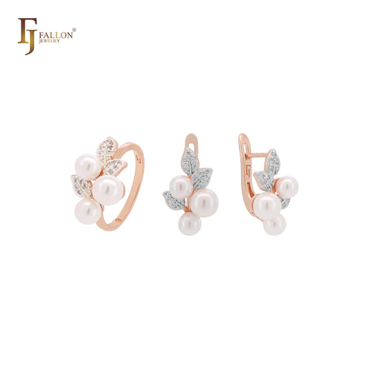 Triple pearls and leaves Rose Gold two tone Jewelry Set with Rings