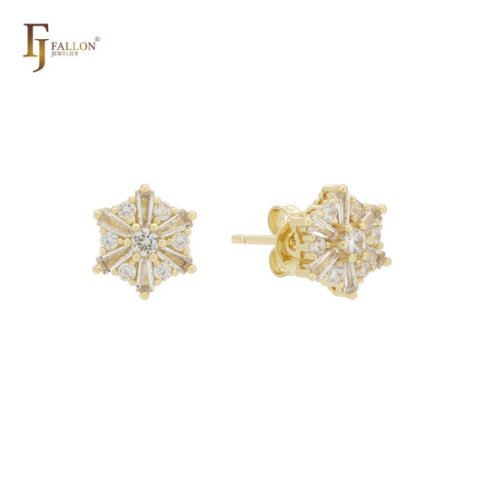 Snow flake white CZs 14K Gold Stud Earrings