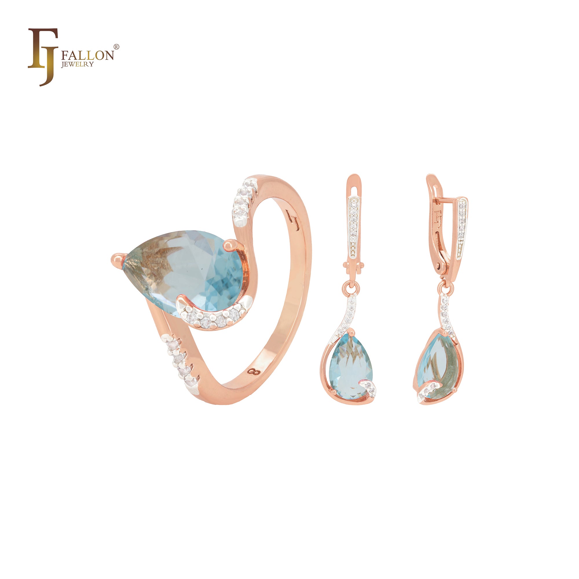 Pear shape pink CZ solitaire drop with white CZs Rose Gold two tone Jewelry Set with Rings