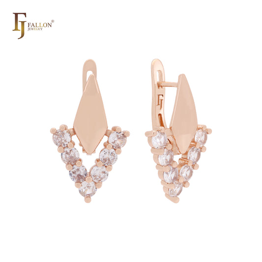 Chevron V shaped white cluster CZs lock geometric Rose Gold Clip-On Earrings