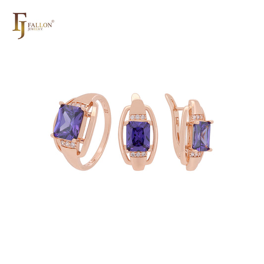 Squared Purple CZ Rose Gold Jewelry Set with Rings