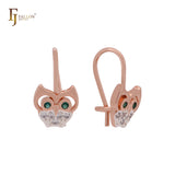 Little owl with emerald and white Rose Gold two tone wire hook Child Earrings