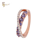 Crossing bands of paved white and purple CZs Rose Gold two tone Fashion Rings