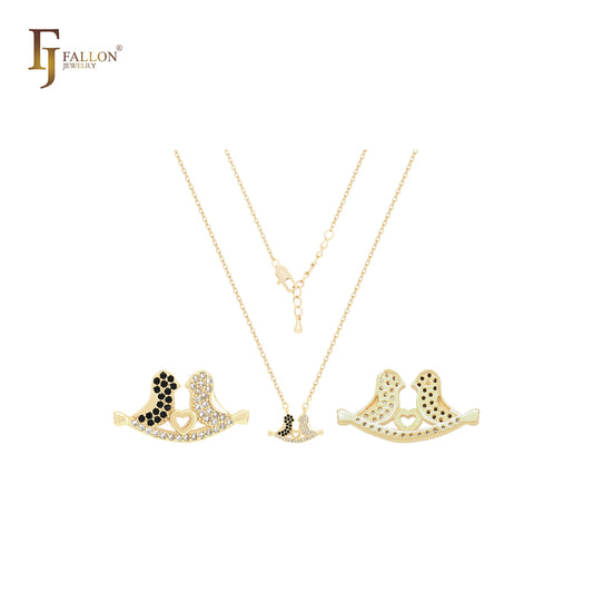 Double Birds of white and black CZs 14K Gold Necklace