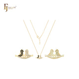 Double Birds of white and black CZs 14K Gold Necklace