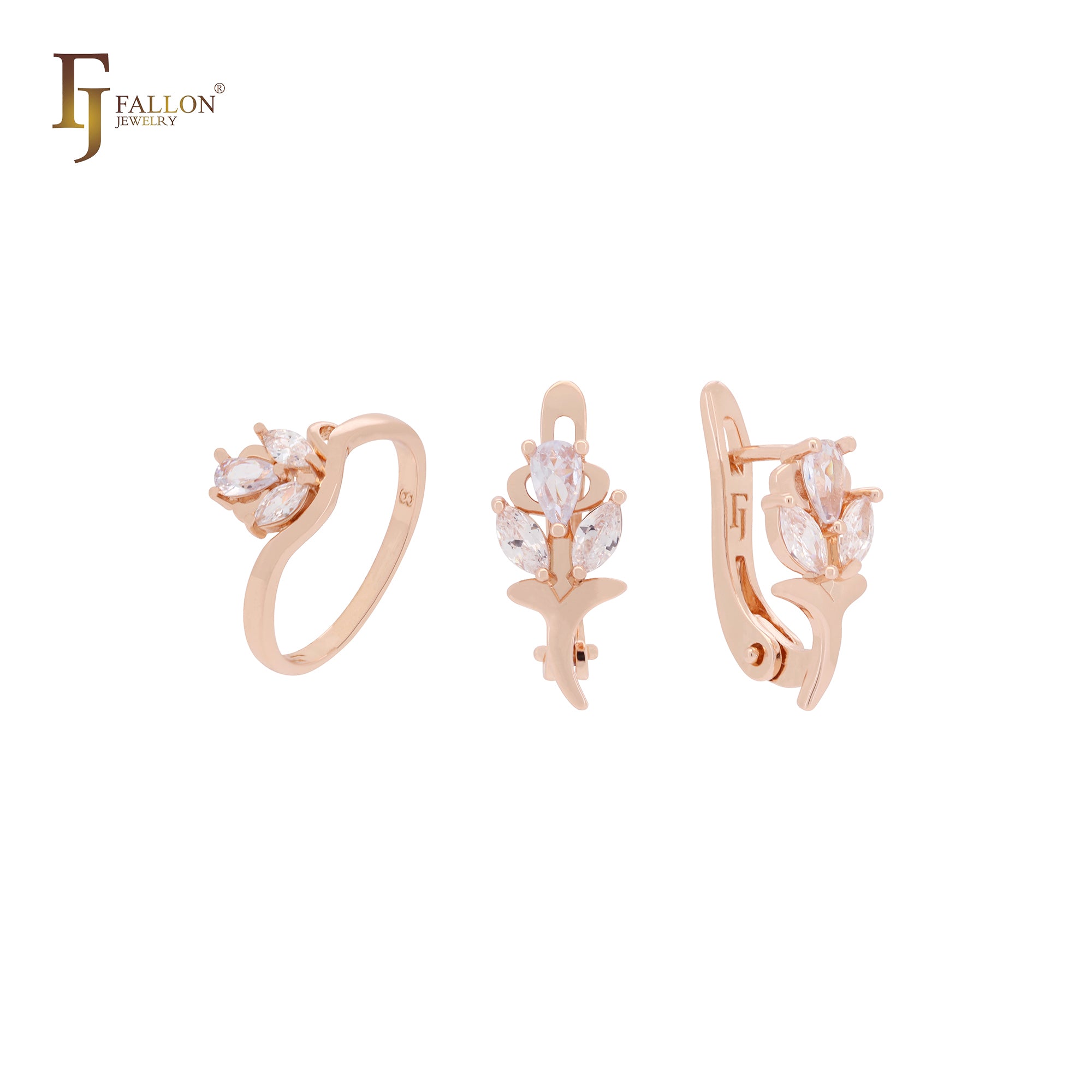 Branch of white marquise CZs flower Rose Gold Jewelry Set with Rings