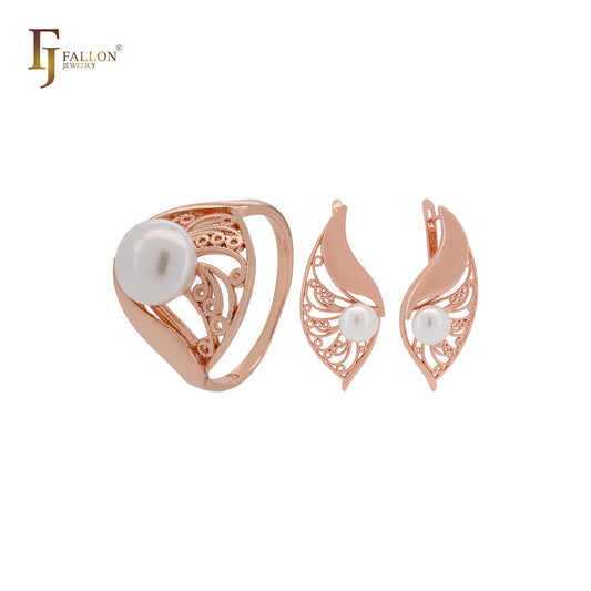 Great leaves of filigree with Pearl Rose Gold Jewerly Set with Rings