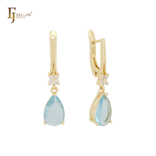 Solitaire pear shape teardrop drop lake blue Rose Gold CZ Clip-On Earrings