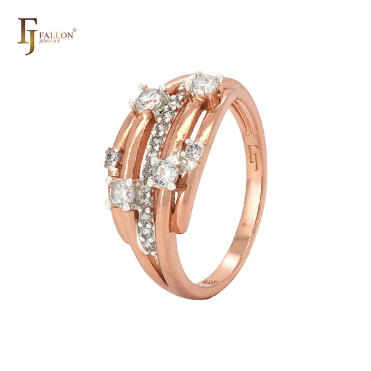 Parallel white CZs cluster geometric Rose Gold Fashion Rings