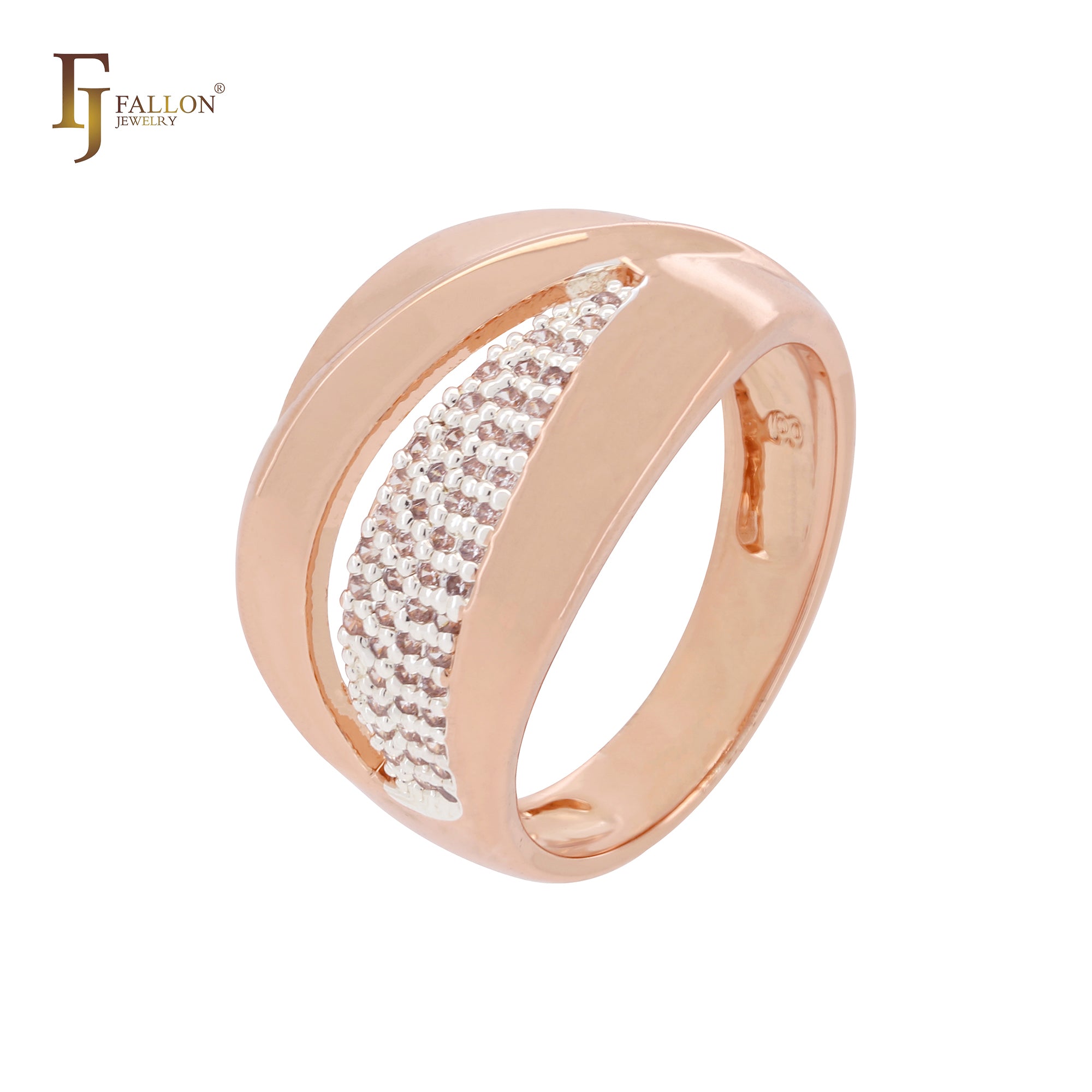 Ribbon of great paved white CZs Rose Gold two tone Fashion Rings