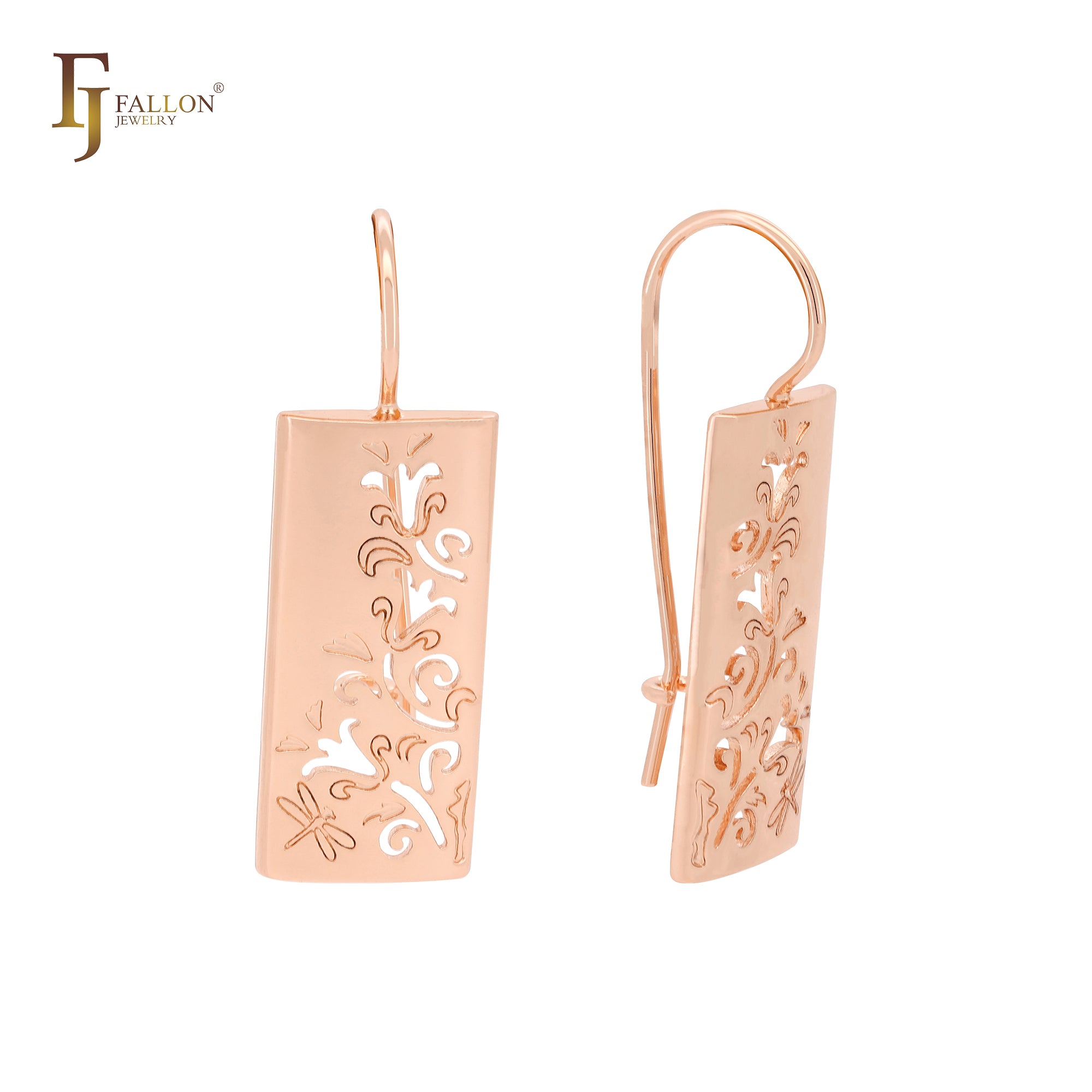 Lily and dragon fly textured Rose Gold Wire Hook Earrings