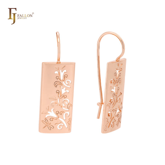 Lily and dragon fly textured Rose Gold Wire Hook Earrings