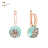 Giant rounded colorful solitaire CZ with white CZs Rose Gold two tone Clip-On Earrings