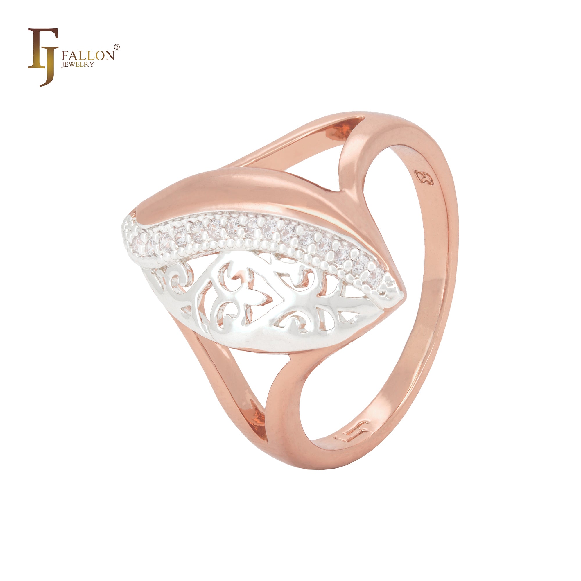 Oval leave split in half white CZs filigree Rose Gold two tone Fashion Rings