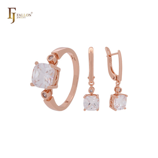 Cushion Cut white solitaire drop CZ Rose Gold Jewelry Set with Rings