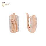 Wide bands with side paved white CZs Rose Gold two tone Clip-On Earrings