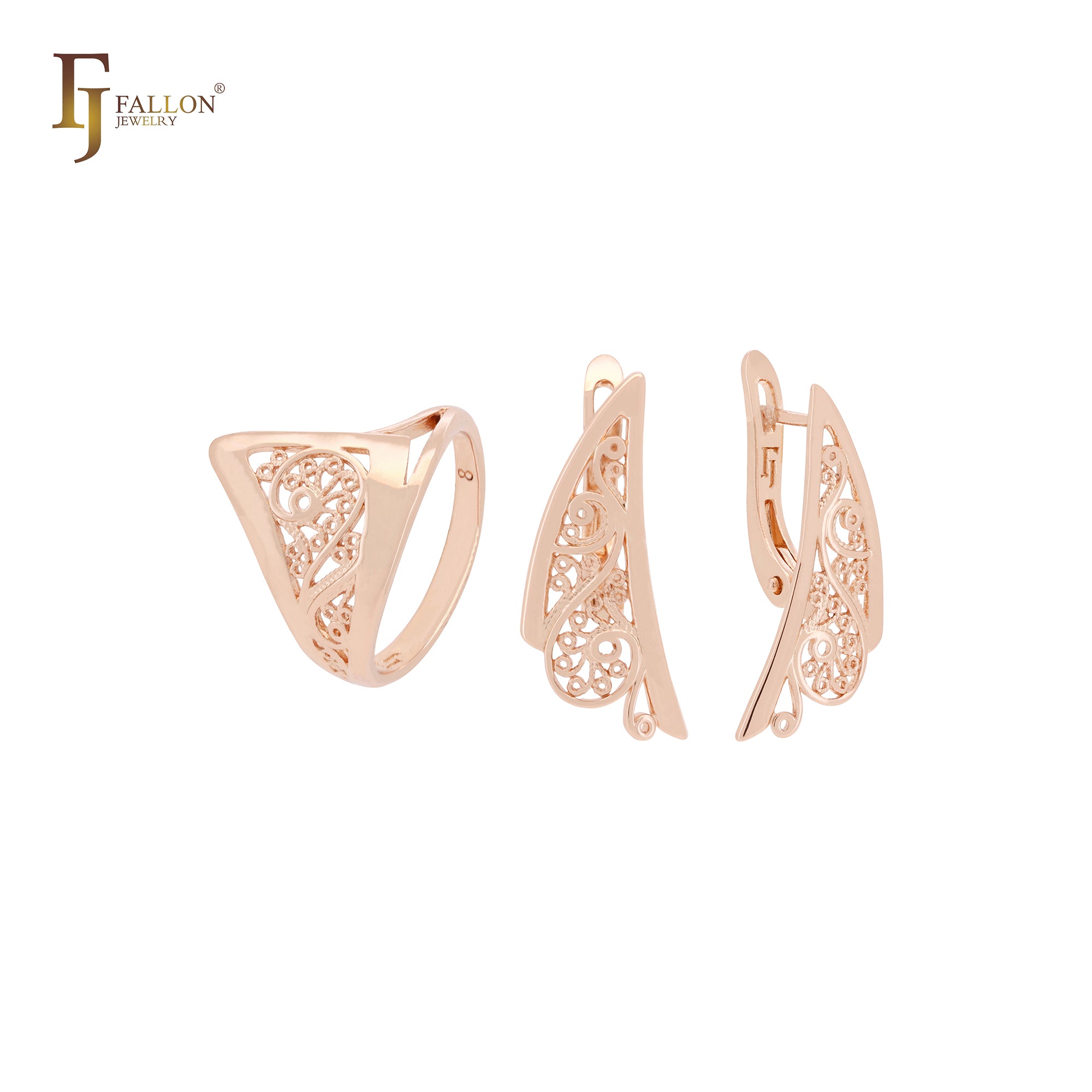 Chevron Filigree Rose Gold Jewelry Set with Rings