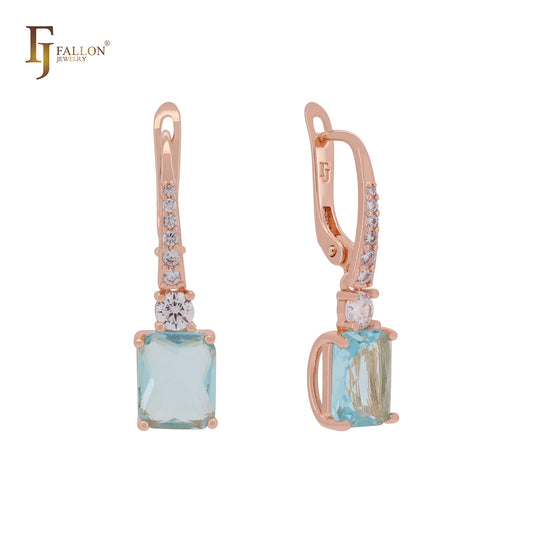 Emerald cut solitaire white and lake blue CZs Rose Gold Clip-On Earrings