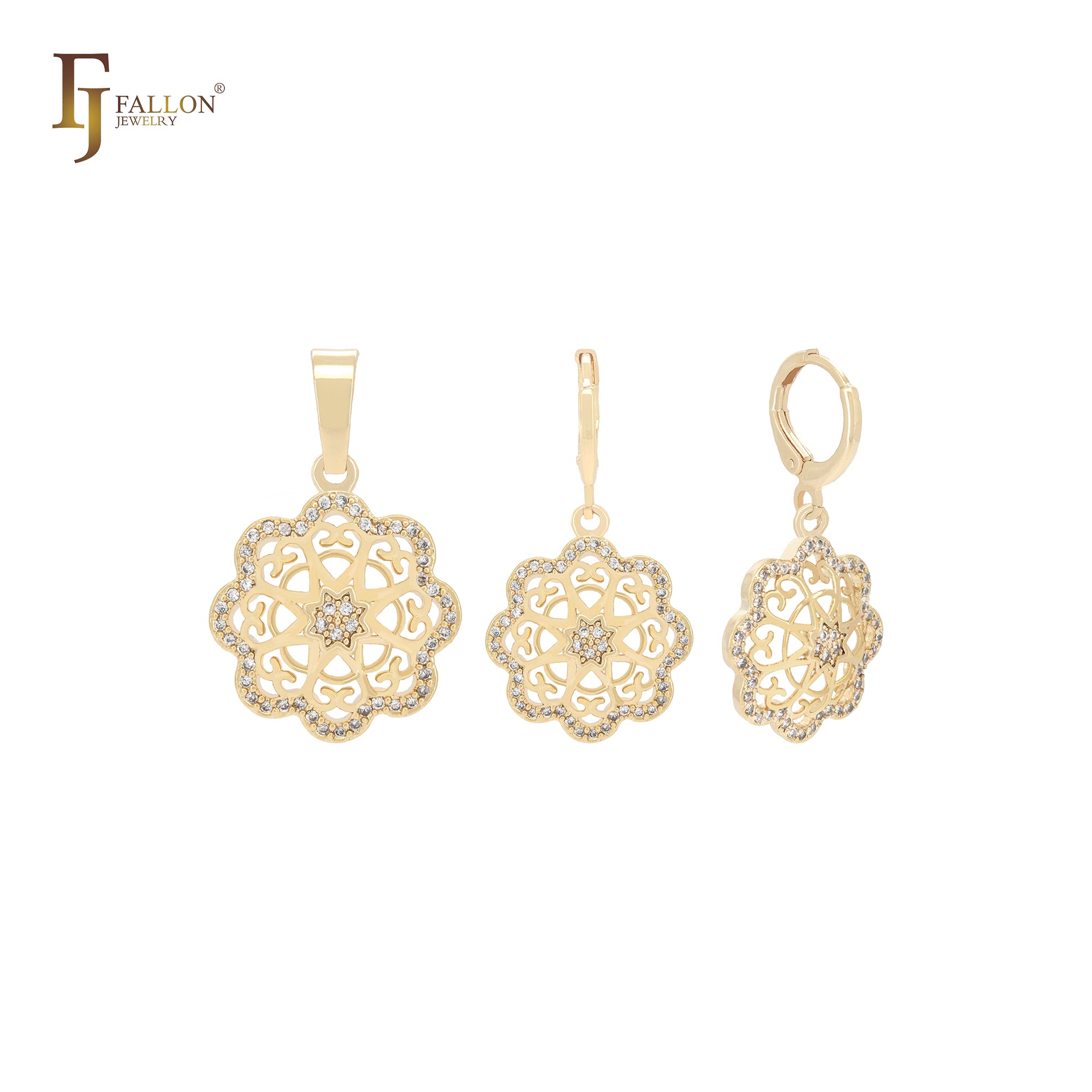 Octagon rounded star shaped of white CZs 14K Gold Jewelry Set with Pendant