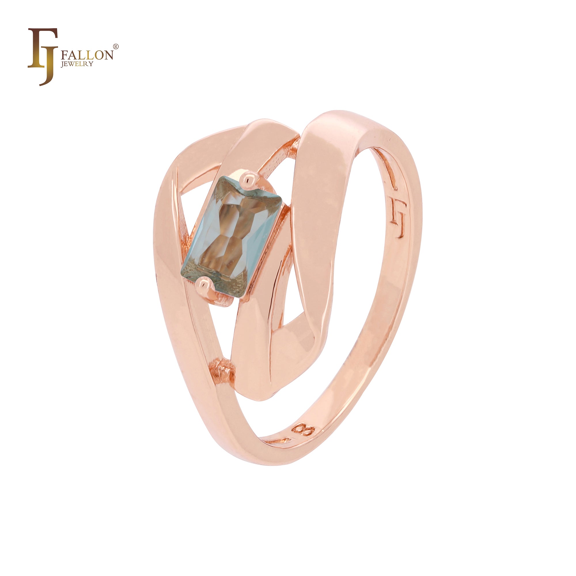 Double twisted ribbons interlocked with solitaire emerald cut CZ Rose Gold Fashion Rings