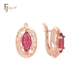 Filigree of waves with solitaire Marquise red CZ Rose Gold Clip-On Earrings