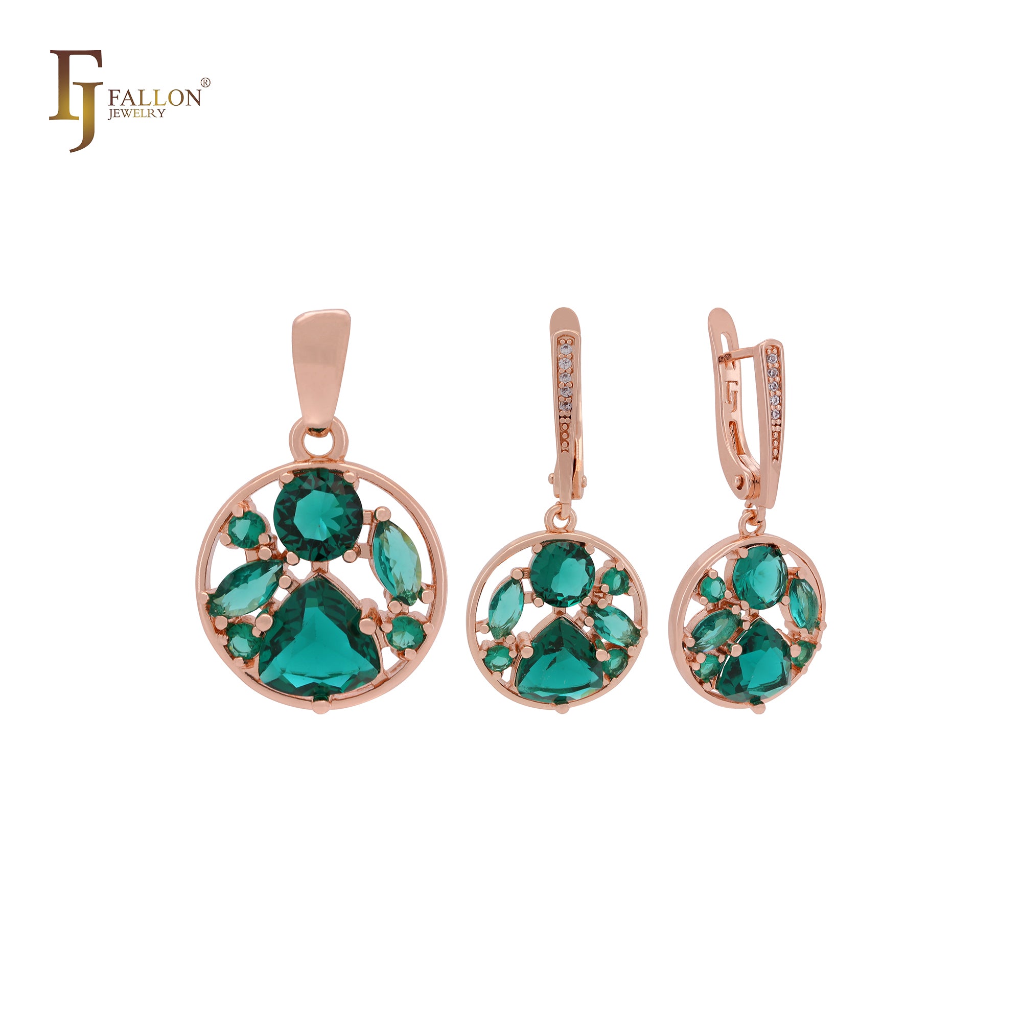 Cluster emerald CZs luxurious Rose Gold Jewelry Set with Pendant