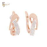 Geometric interlocking ribbon white CZs Rose Gold two tone Clip-On Earrings