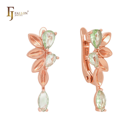 Flower and leaves cluster Apple Green CZs Rose Gold Clip-On Earrings