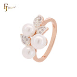 Triple pearls and leaves  Rose Gold two tone Fashion Rings