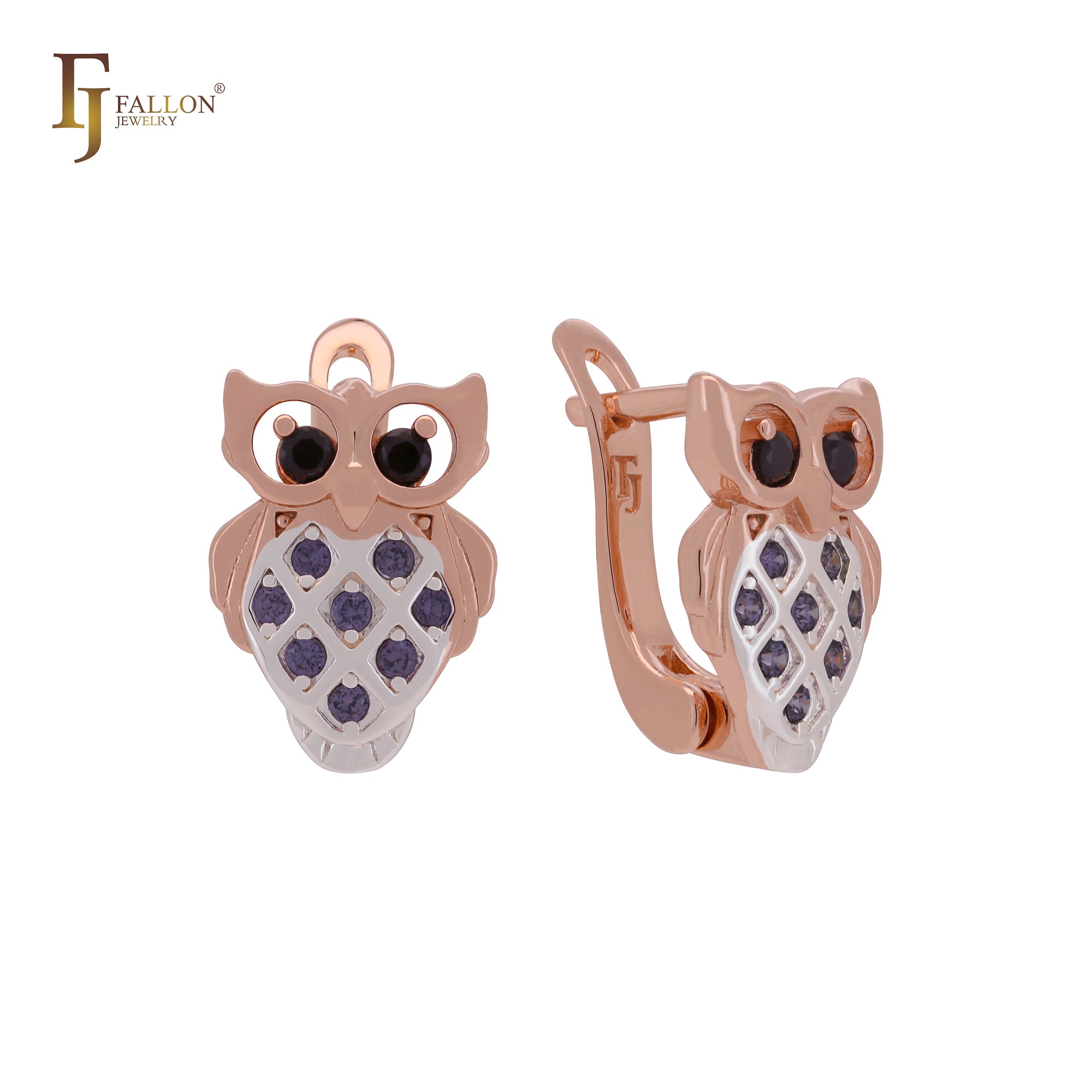 Little owl with black and purple Rose Gold two tone Child Earrings