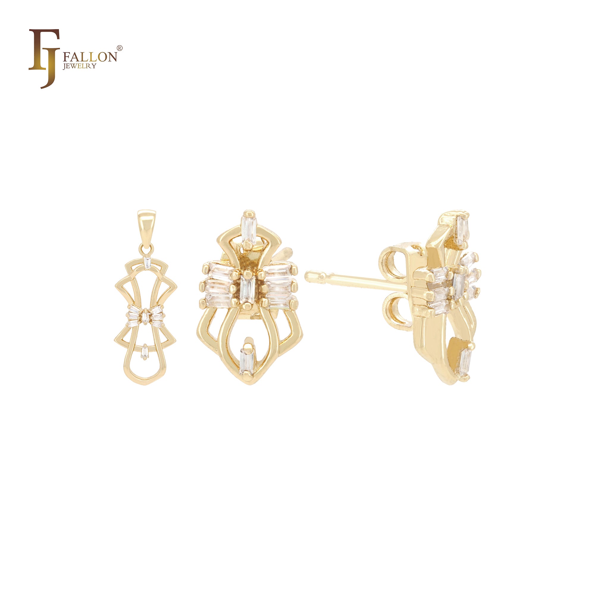 Buddle of white CZs 14k Gold stud earrings Jewelry Set with pendant