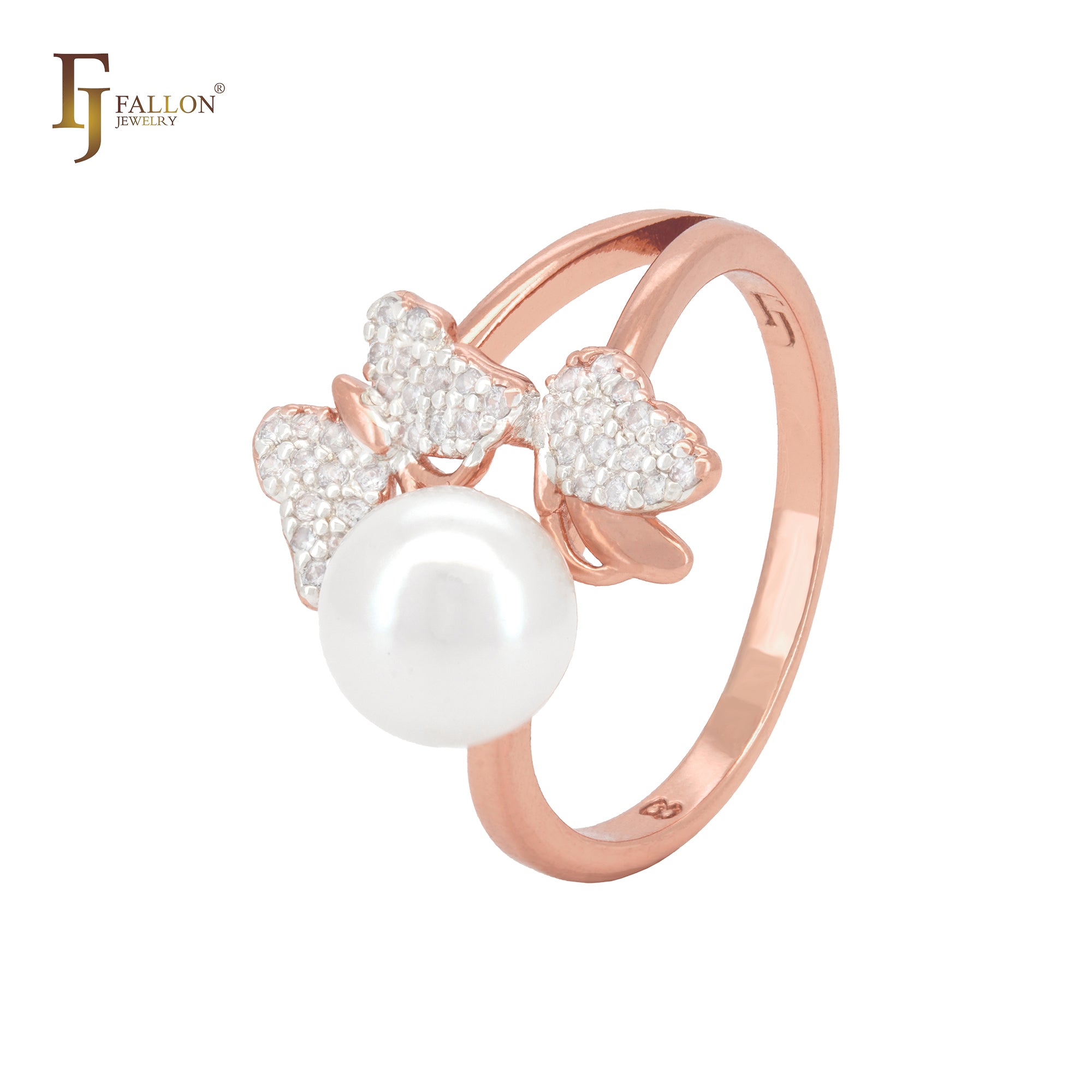 Butterfly and heart of white CZs and Pearl Rose Gold two tone Fashion Rings