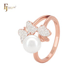 Butterfly and heart of white CZs and Pearl Rose Gold two tone Fashion Rings