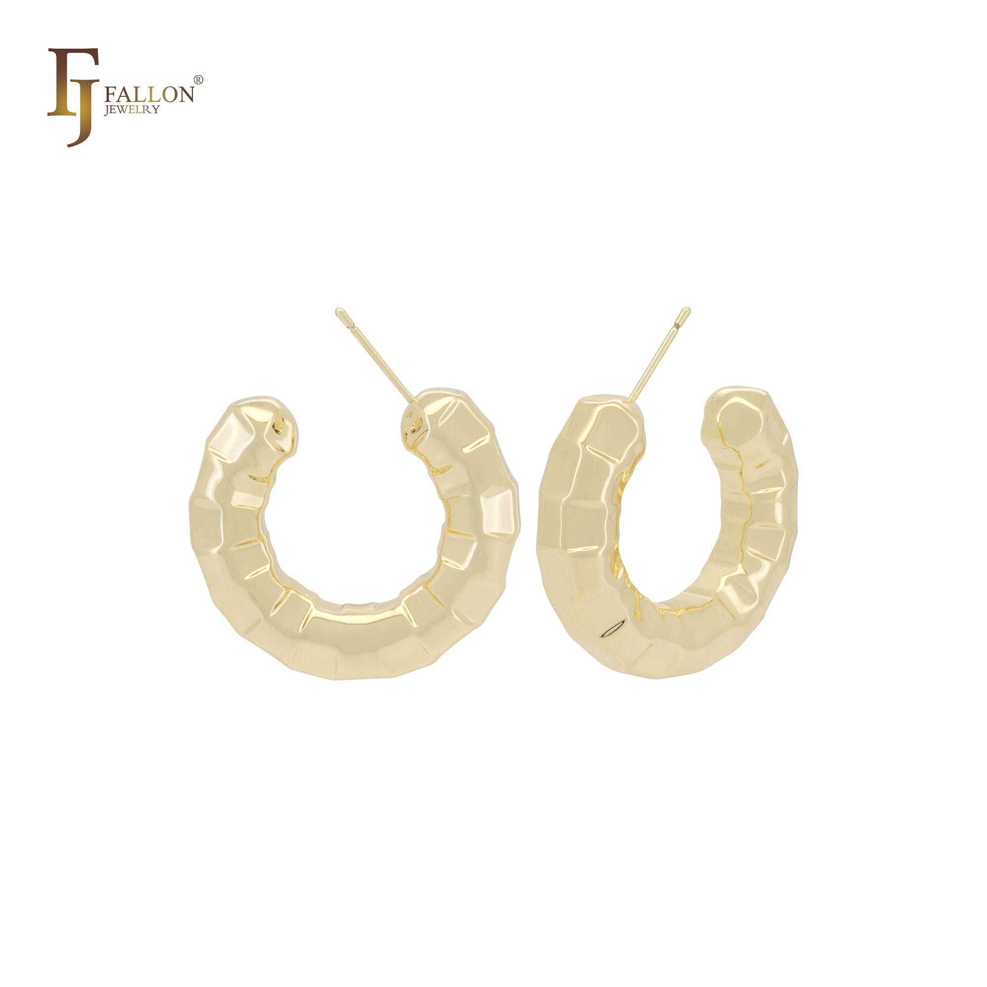 Nugget squared textured C hoop 14K Gold, Rose Gold, White Gold Stud Earrings