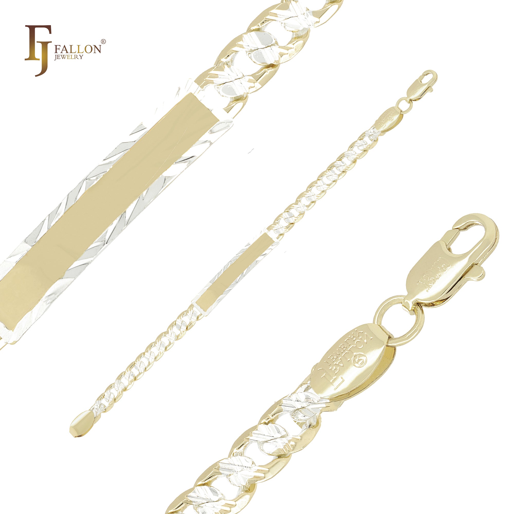 Curb link cross hammered framed white 14K Gold two tone Men's ID bracelets