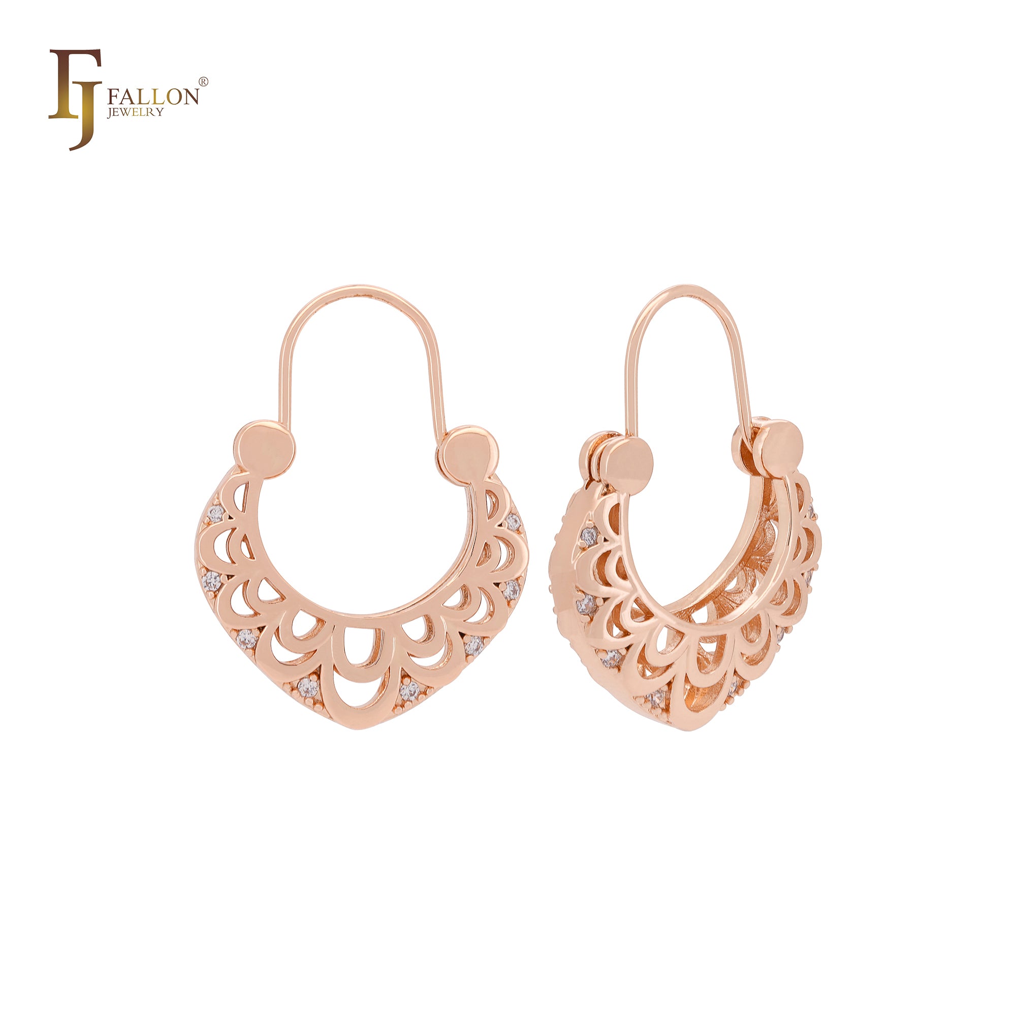 Basket of filigree mixed white CZs Rose Gold Wire Hook Earrings