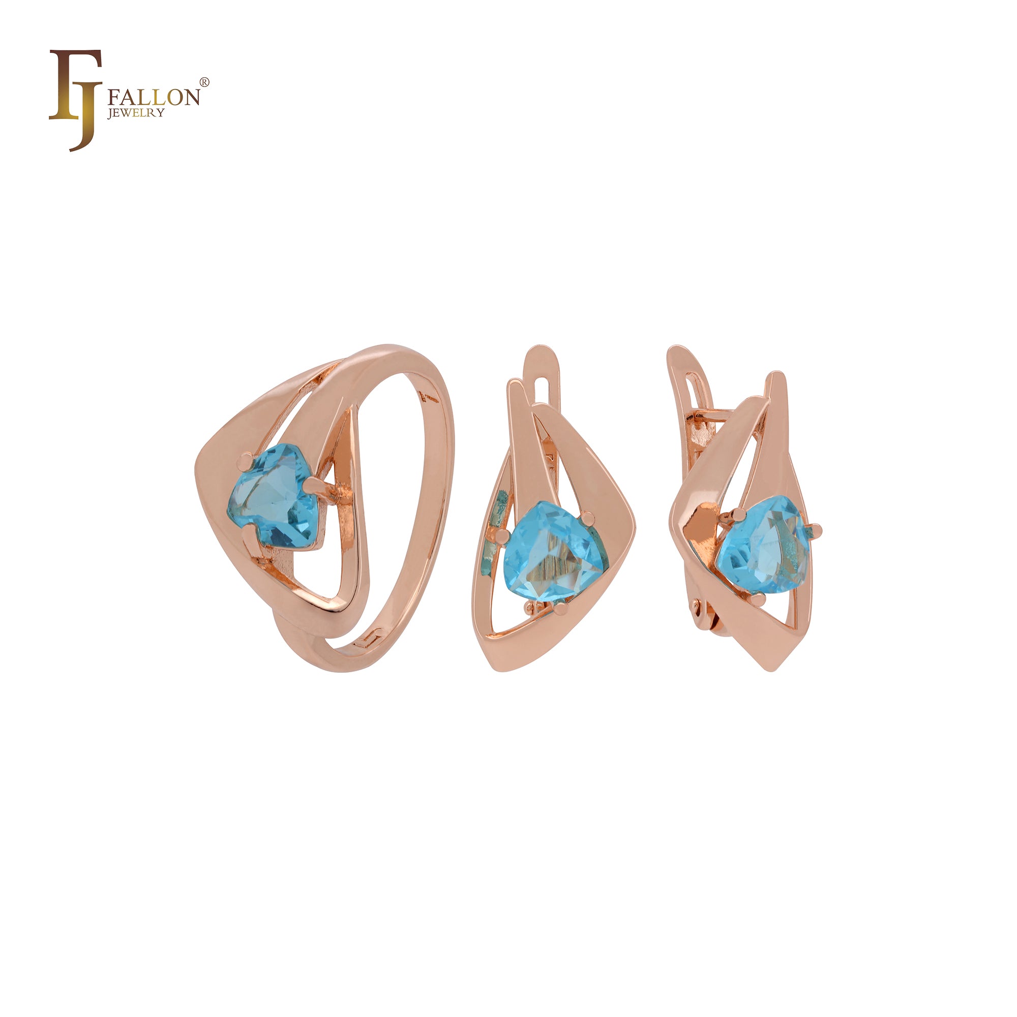 Triangular geometric solitaire triangular cut lake blue CZ Rose Gold Jewelry Set with Rings