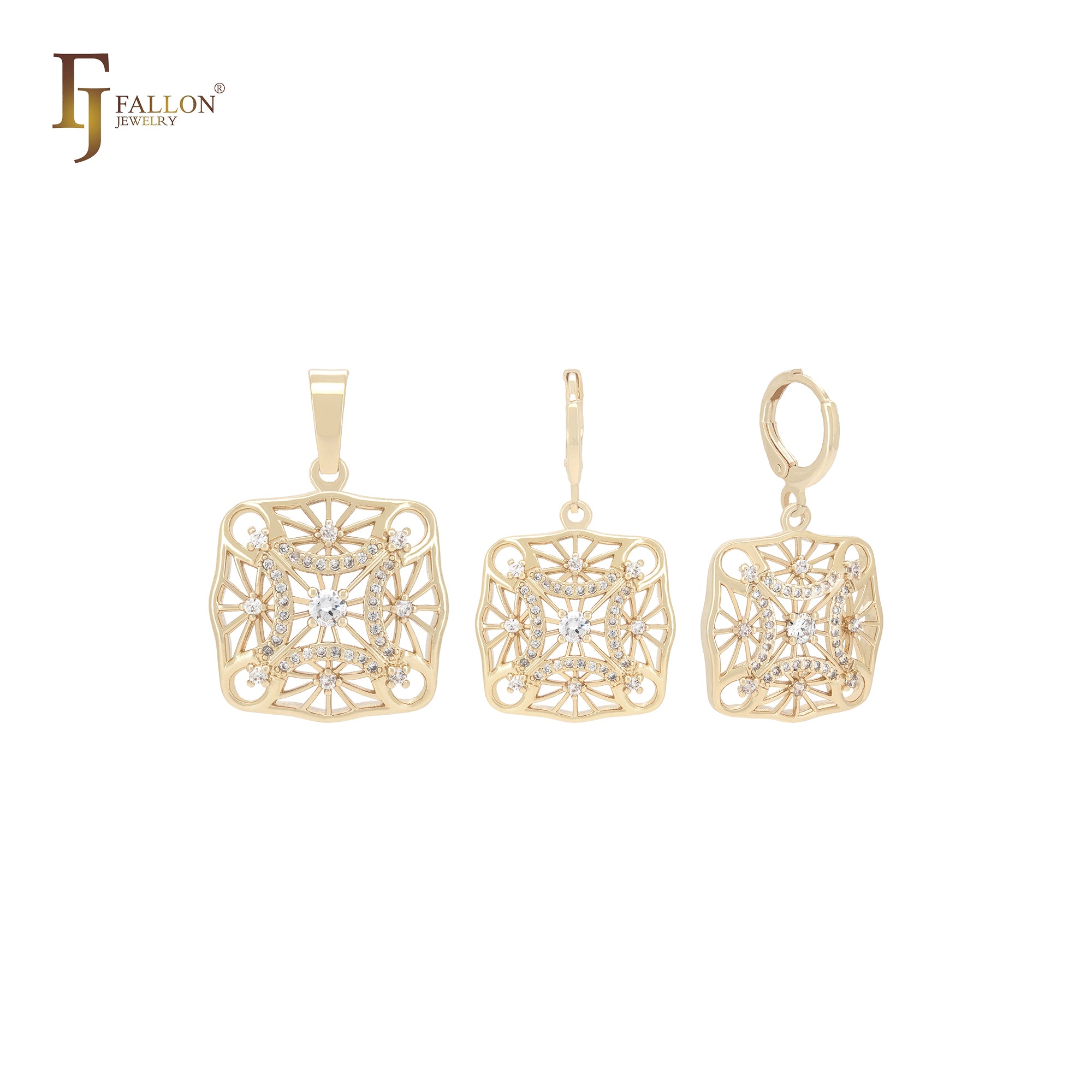 Squared filigree snow flake of white CZs 14K Gold Jewelry Set with Pendant