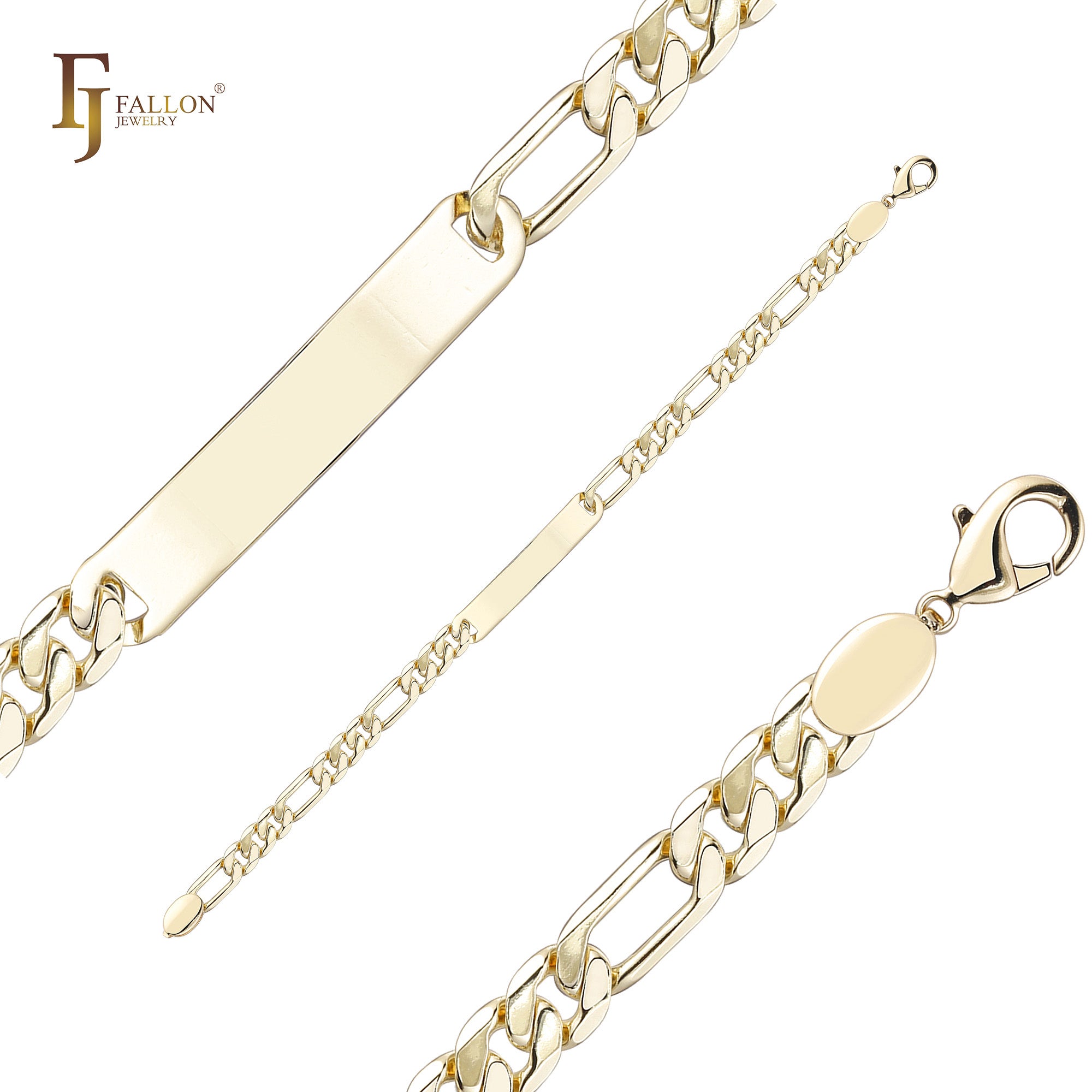 14K ゴールドカラーでメッキされた素敵なポリッシュフィガロリンクメンズ ID ブレスレット