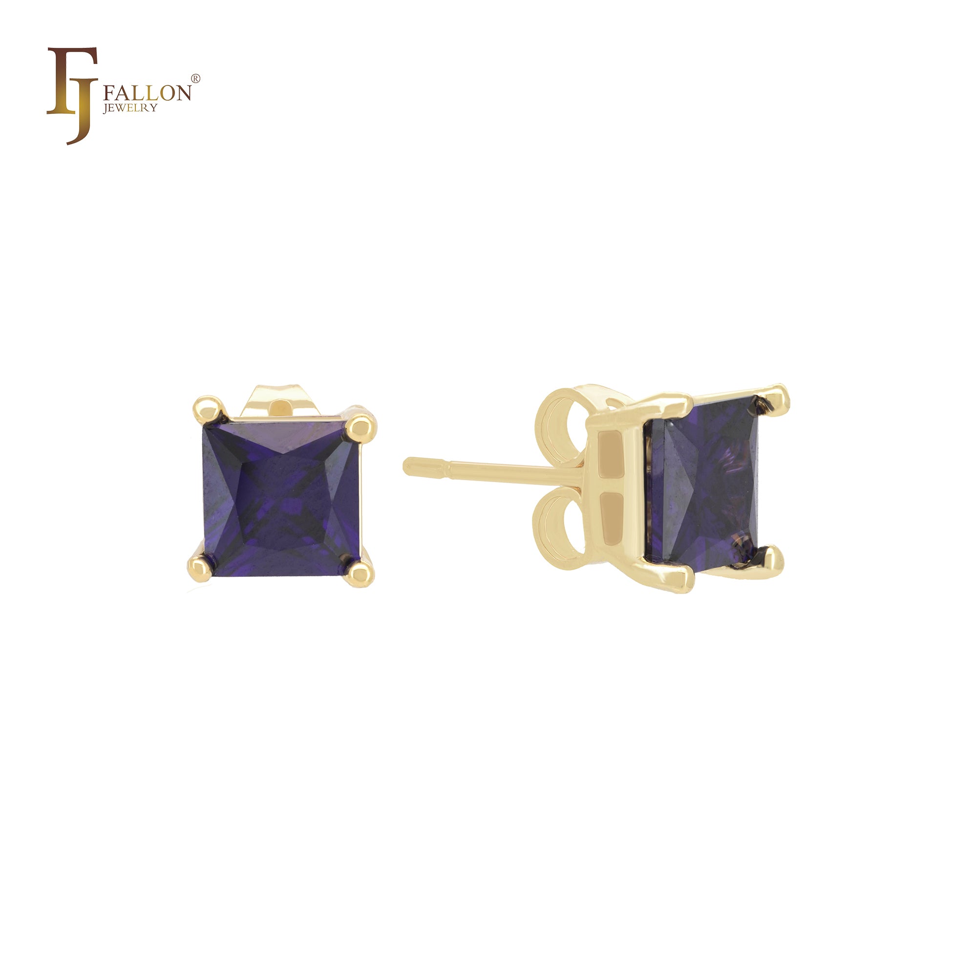 Solitaire squared colorful CZ 14K Gold Stud Earrings