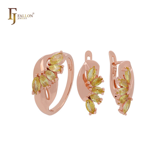 Luxurious cluster marquise olive yellow or white CZs Rose Gold Jewelry Set with Rings