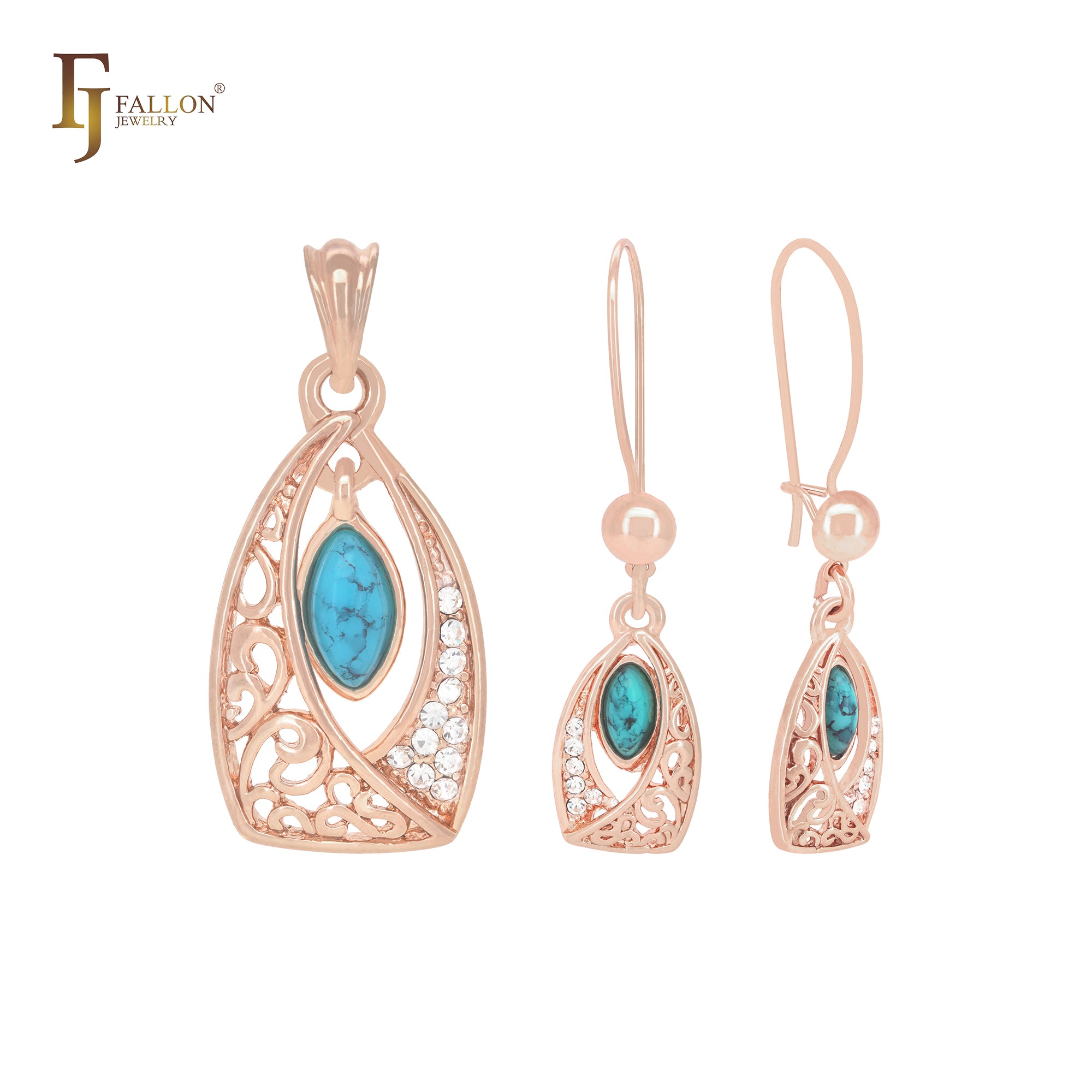 Oval turqoise in a basket Rose Gold Jewelry Set with Pendant